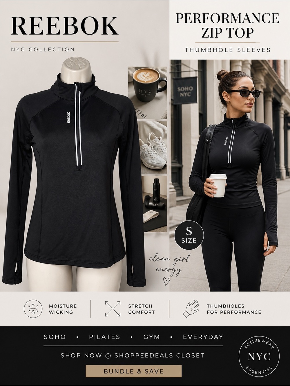 Reebok Black 1/4 Zip Athletic Top Thumbholes Size S